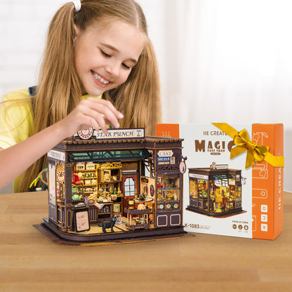 BenBen Miniature House Kit, DIY Miniature Coffee Shop with LED Lights, Furniture, Mini House Building Kit for Stress Relief & Home Décor, 3D Doll House Craft Projects for Adults, Teens