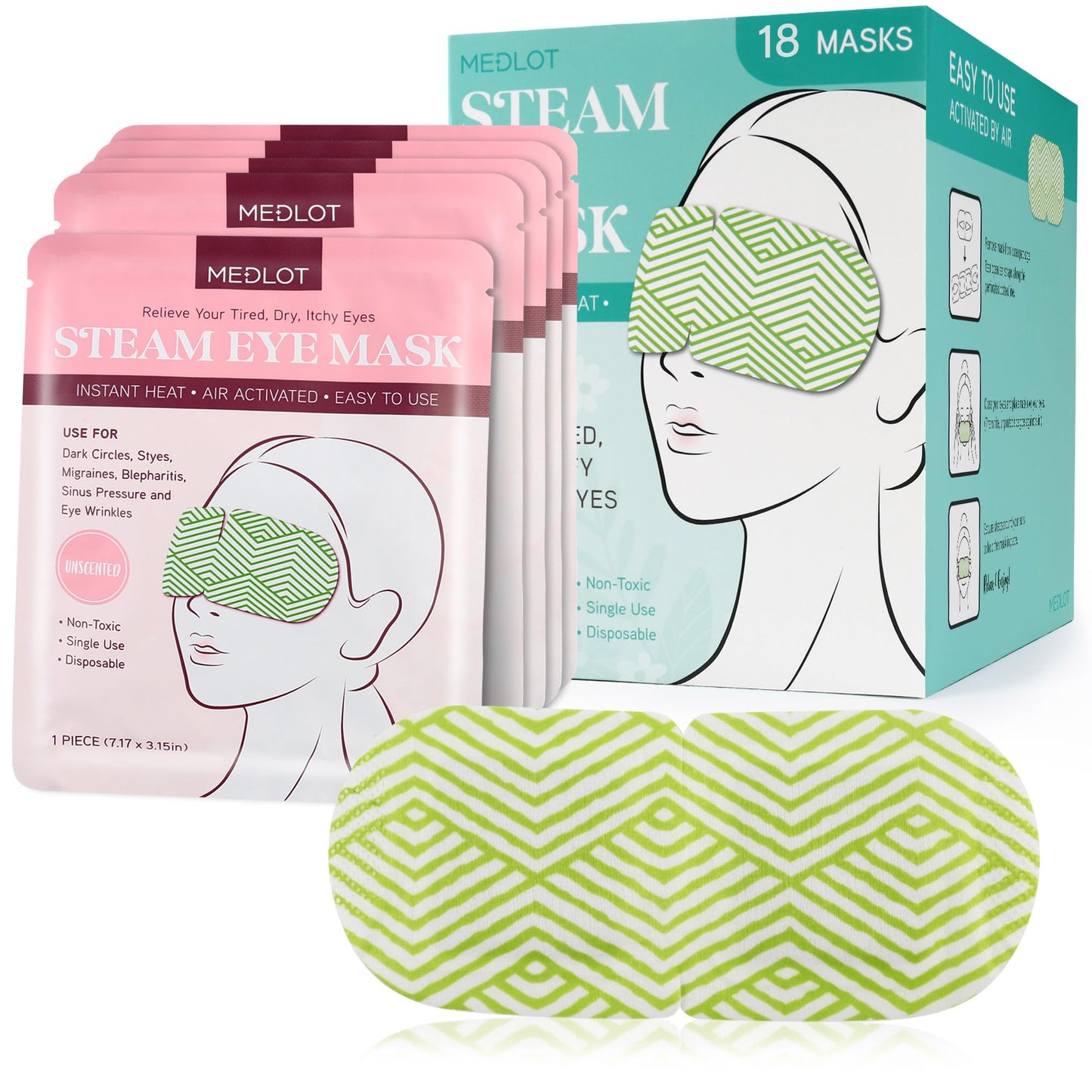 MEDLOT 18 Packs Steam Eye Masks, Heated Eye Mask for Dry Eyes, Puffy Eyes, Dark Circles, Disposable Self Heating Eye Mask for Sleeping, SPA, Travel Essentials & Relaxation Gifts, Unscented
