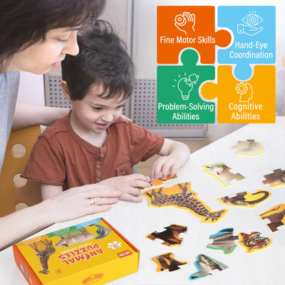 48Pcs Animal Jigsaw and Toddler Puzzles,12 Animals, 4 5-Piece Animals, 4 4-Piece Animals, 4 3-Piece Animals