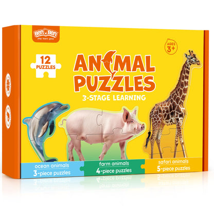 48Pcs Animal Jigsaw and Toddler Puzzles,12 Animals, 4 5-Piece Animals, 4 4-Piece Animals, 4 3-Piece Animals