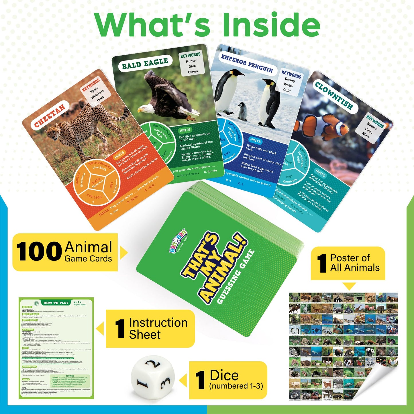 BenBen Guess The Animal Card Games for Kids Family, 100 Cards, Educational Board Games for Travel, Classroom, Camping, Party, Car, Airplane, Road Trip Activities for Boys, Girls Ages 5+