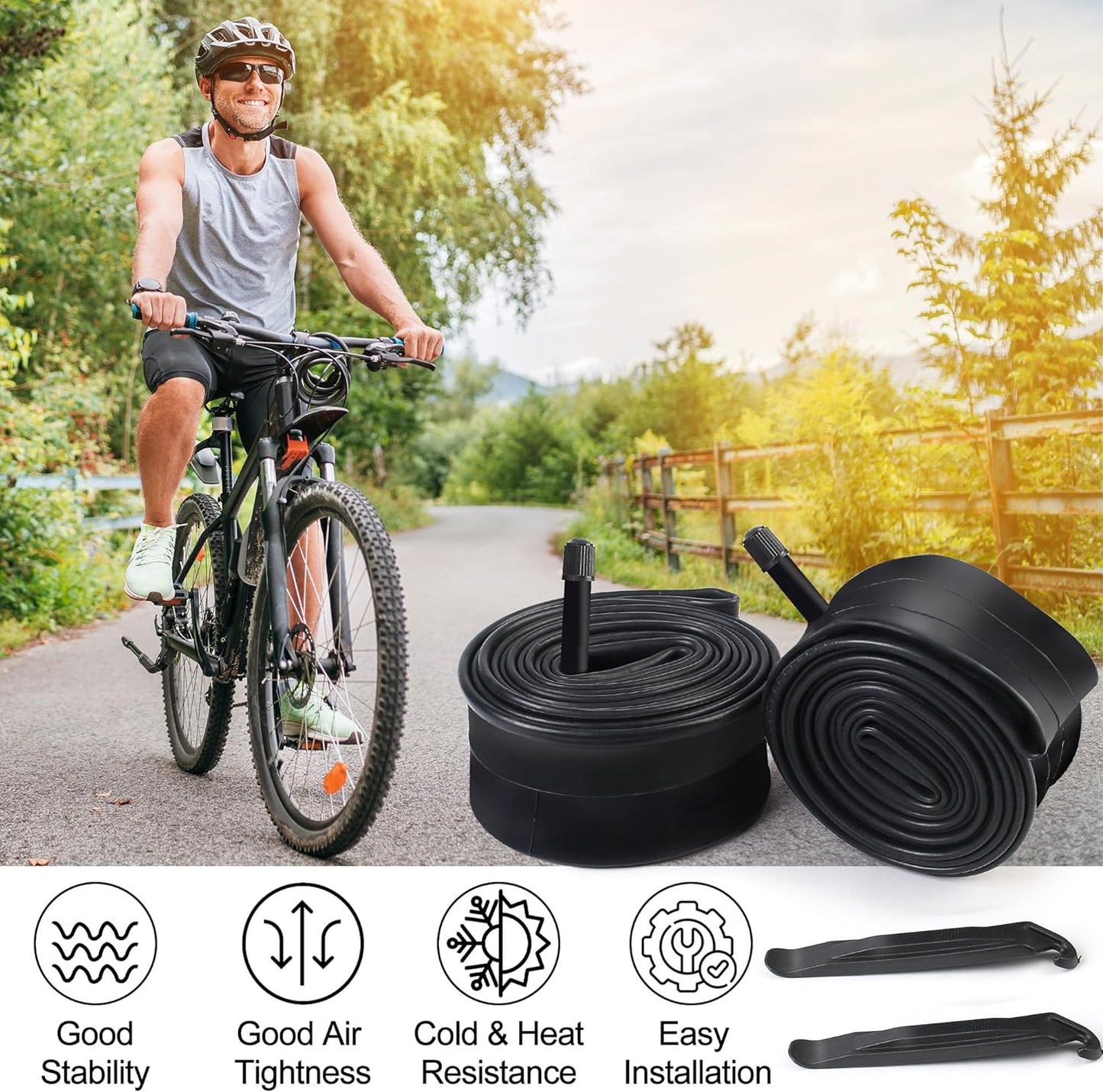 LotFancy 2 Pack 14"/16"/18"/20"/24"/26" x 1.75/1.95/2.10/2.125 Bike Tube, 32mm Schrader Valve, Butyl Rubber Tubes for Road Mountain Bike, Plus 2 Nylon Plastic Tire Levers