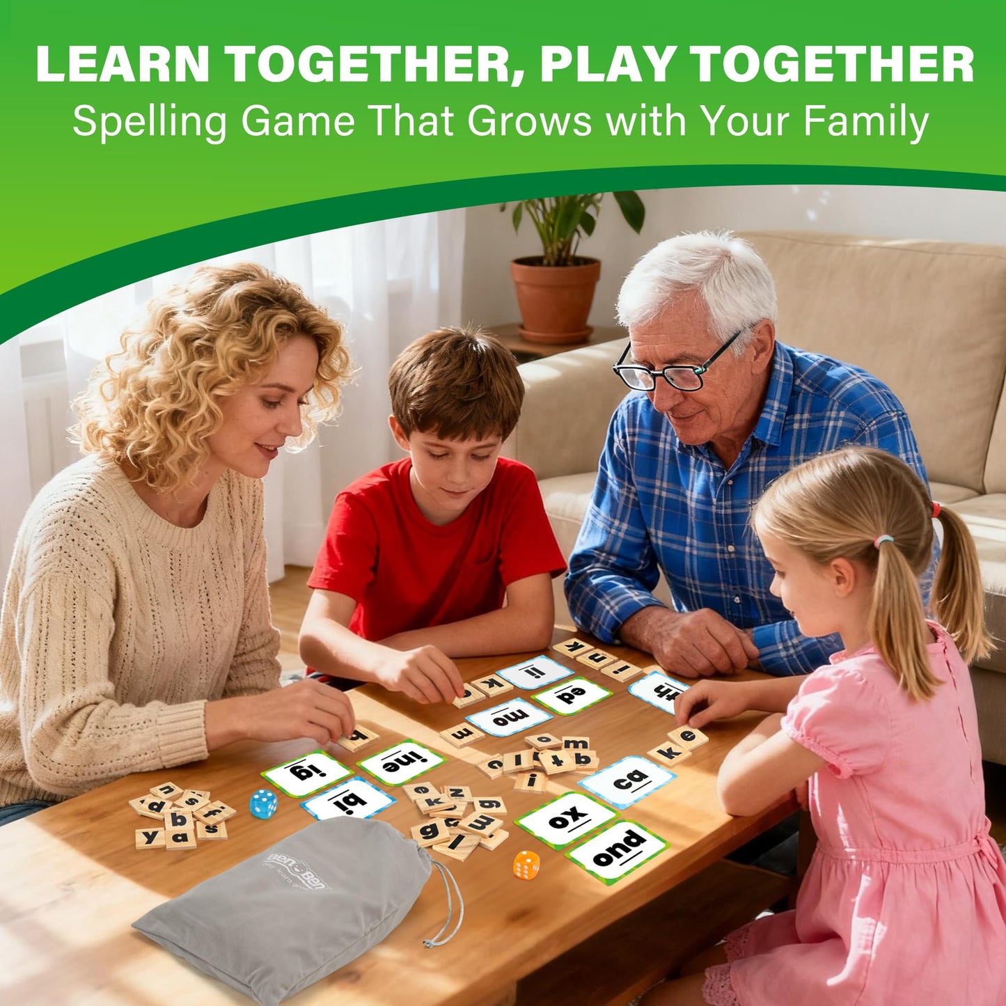 BenBen Family Spelling Games with 112 Flash Cards & Wooden Letter Tiles, CVC Sight Word Building Phonics Game for Kids Ages 4+ & Adults, 1–4 Players, Learning Toys for Home or Classroom
