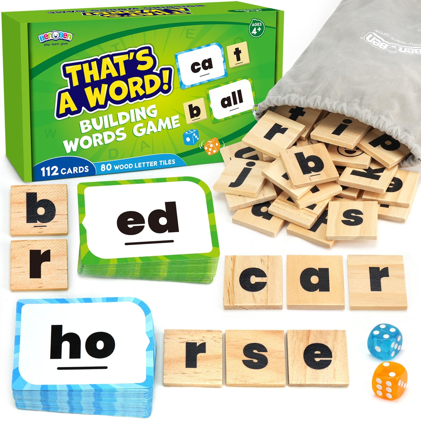 BenBen Family Spelling Games with 112 Flash Cards & Wooden Letter Tiles, CVC Sight Word Building Phonics Game for Kids Ages 4+ & Adults, 1–4 Players, Learning Toys for Home or Classroom
