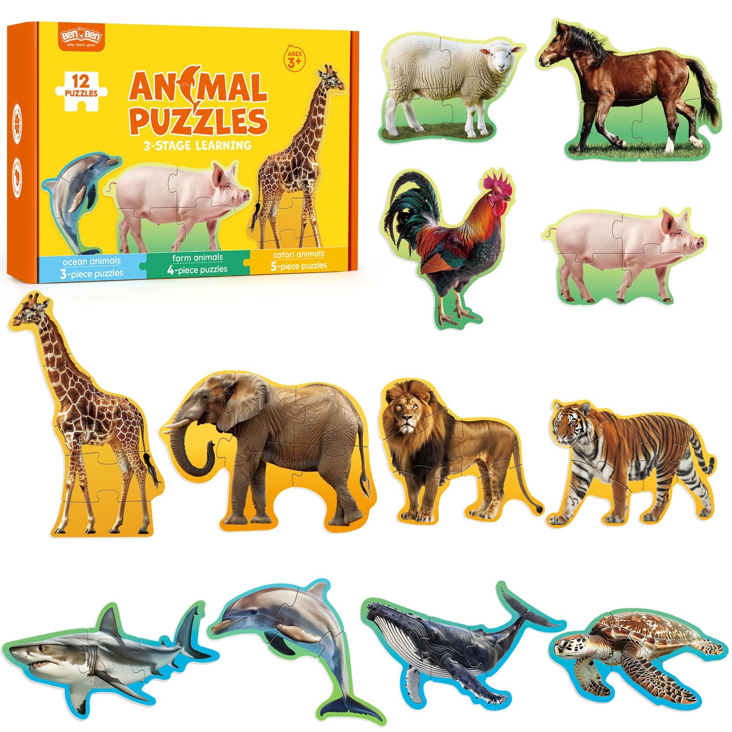 48Pcs Animal Jigsaw and Toddler Puzzles,12 Animals, 4 5-Piece Animals, 4 4-Piece Animals, 4 3-Piece Animals