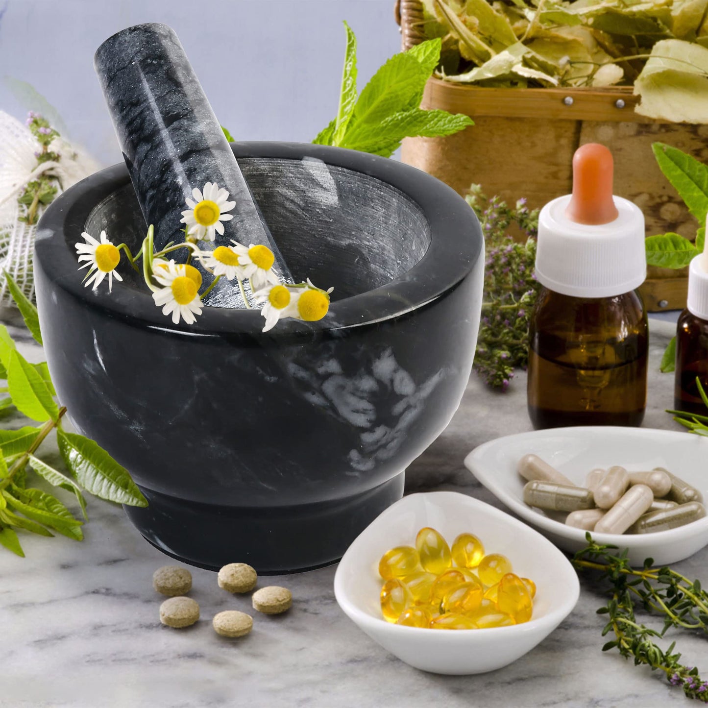 LotFancy Mortar and Pestle Set, 5 inch Large Black Solid Marble Mortar for Guacamole