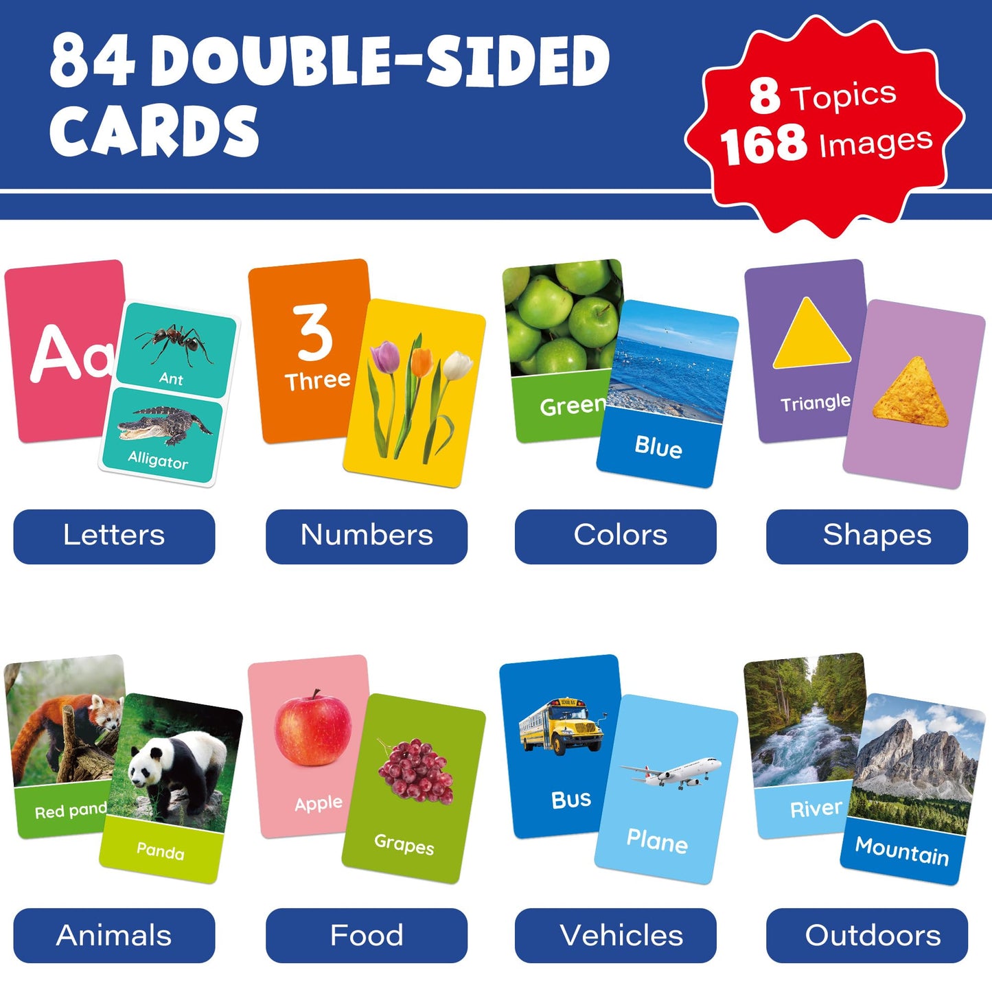 BenBen Flash Cards for Kids Toddlers, 84pcs Waterproof Indestructible PVC Plastic Flashcards, Doubled Sided PMT