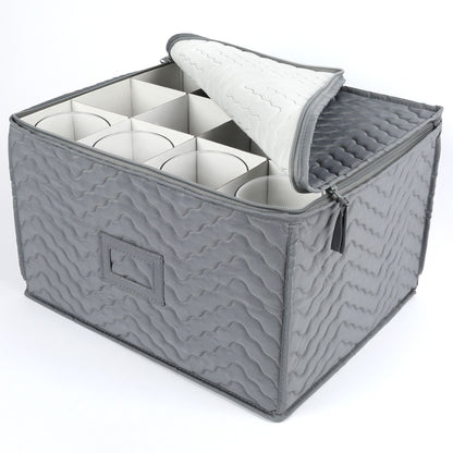 LotFancy 2Pcs Stemware Storage Containers for 24 Wine Glasses, Deluxe Quilted Storage Case, Gray