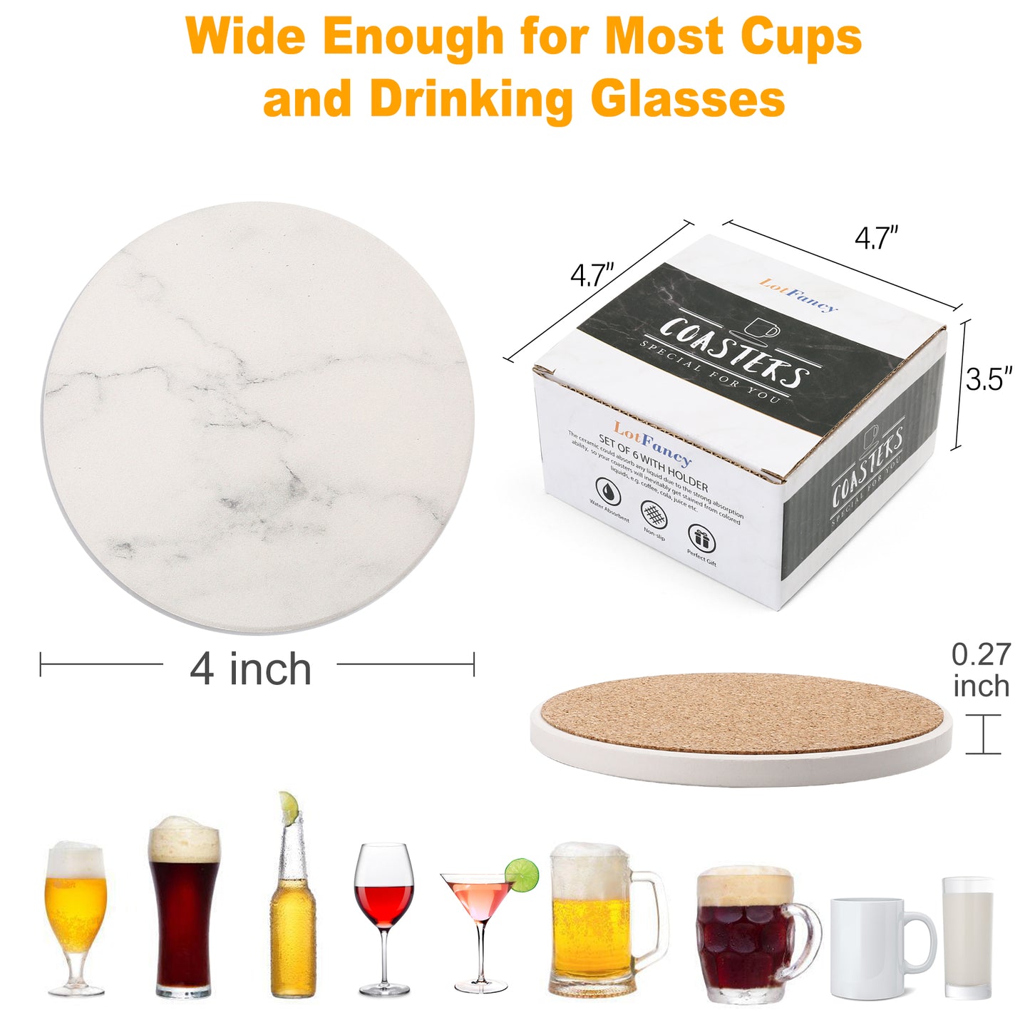 LotFancy Absorbent Coasters for Drinks Absorbent with Holder, 6PCS 4" Round Ceramic Coasters with Cork Base