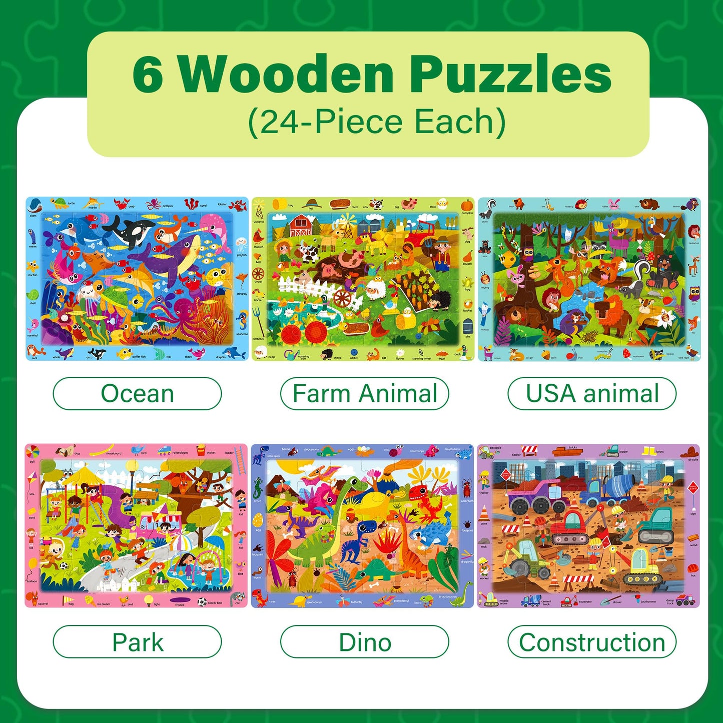 BenBen Large Wooden Puzzles for Kids Ages 4-6, 6 Pack 24 Piece Search and Find Puzzles for Toddlers 3-5, Educational Learning Toys Gifts for 3 4 5 Year Old Boys Girls