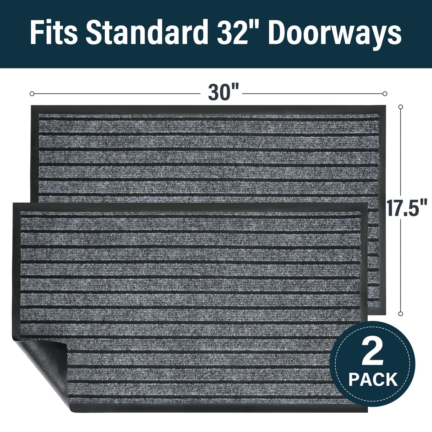 LotFancy 30" x 17" Set of 2 Front Door Mat for Indoor Outdoor Entrance, Dirt Traper Low Profile Easy Clean Doormat, Non Slip Welcome Mats for Patio Porch Garage Entryway, Dark Gray PMT