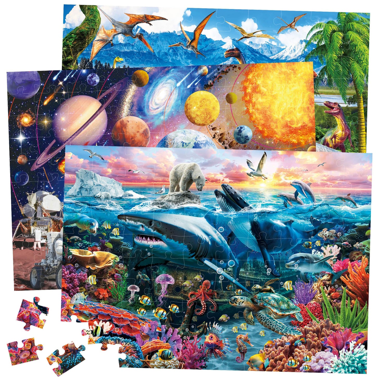 BenBen Puzzles for Kids Ages 4-6, 3 Pack 100 Pieces Large Puzzles for Toddlers 3-5 (Dinosaurs, Outer Space, Ocean Life), Learning & Educational Games for Kids 6-8, 19.75” x 13.75”