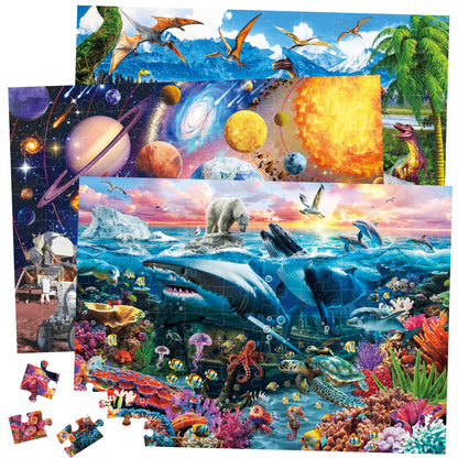 BenBen Puzzles for Kids Ages 4-6, 3 Pack 100 Pieces Large Puzzles for Toddlers 3-5 (Dinosaurs, Outer Space, Ocean Life), Learning & Educational Games for Kids 6-8, 19.75” x 13.75”