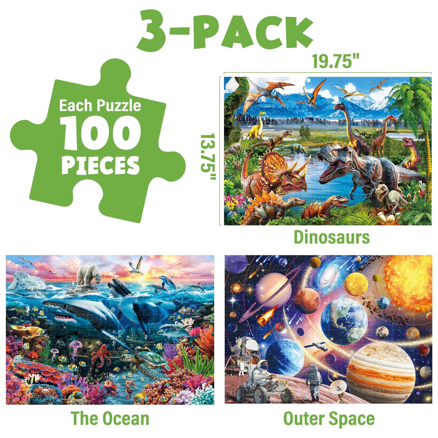 BenBen Puzzles for Kids Ages 4-6, 3 Pack 100 Pieces Large Puzzles for Toddlers 3-5 (Dinosaurs, Outer Space, Ocean Life), Learning & Educational Games for Kids 6-8, 19.75” x 13.75”