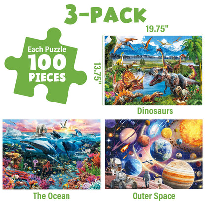 BenBen Puzzles for Kids Ages 4-6, 3 Pack 100 Pieces Large Puzzles for Toddlers 3-5 (Dinosaurs, Outer Space, Ocean Life), Learning & Educational Games for Kids 6-8, 19.75” x 13.75”
