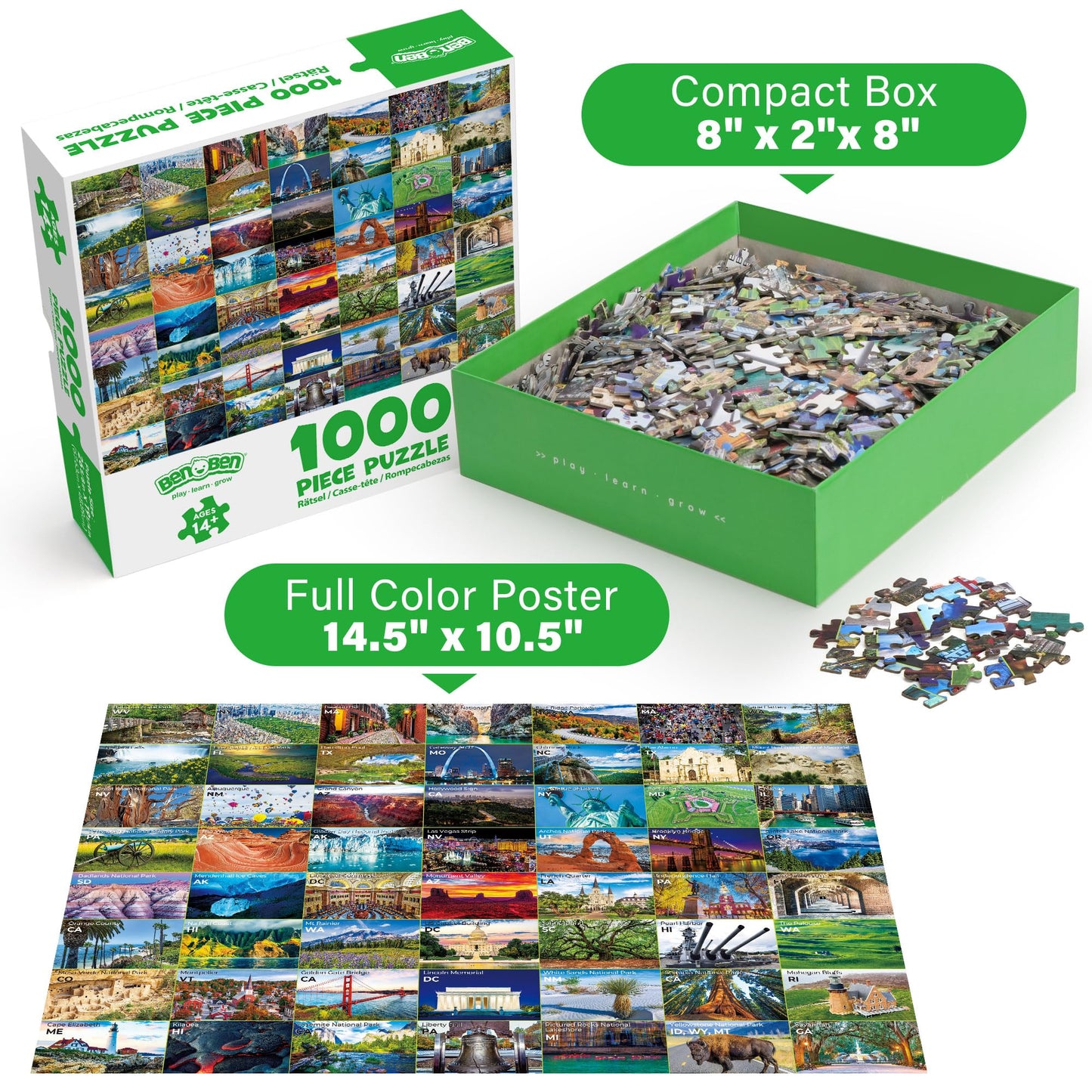 BenBen 1000 Piece Puzzle for Adults, Iconic America, 56 USA Landmarks, Travel Landscape Puzzle Including National Parks, Jigsaw Puzzles with Letters or Patterns on Back