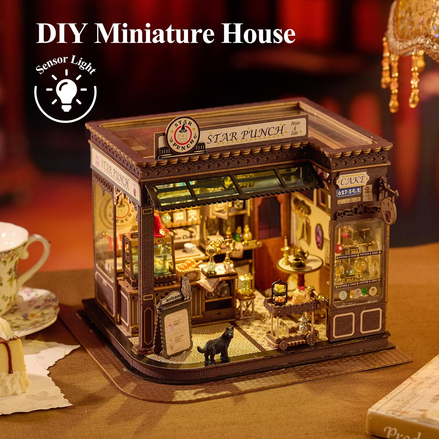BenBen Miniature House Kit, DIY Miniature Coffee Shop with LED Lights, Furniture, Mini House Building Kit for Stress Relief & Home Décor, 3D Doll House Craft Projects for Adults, Teens