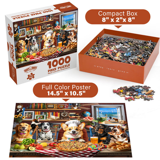 BenBen Puzzles for Adults 1000 Pieces, Dogs' Dinner Party, Dog Jigsaw Puzzle with Patterns on Back, Funny Animal Puzzle, Challenging Puzzles for Family Game Night, Home Décor