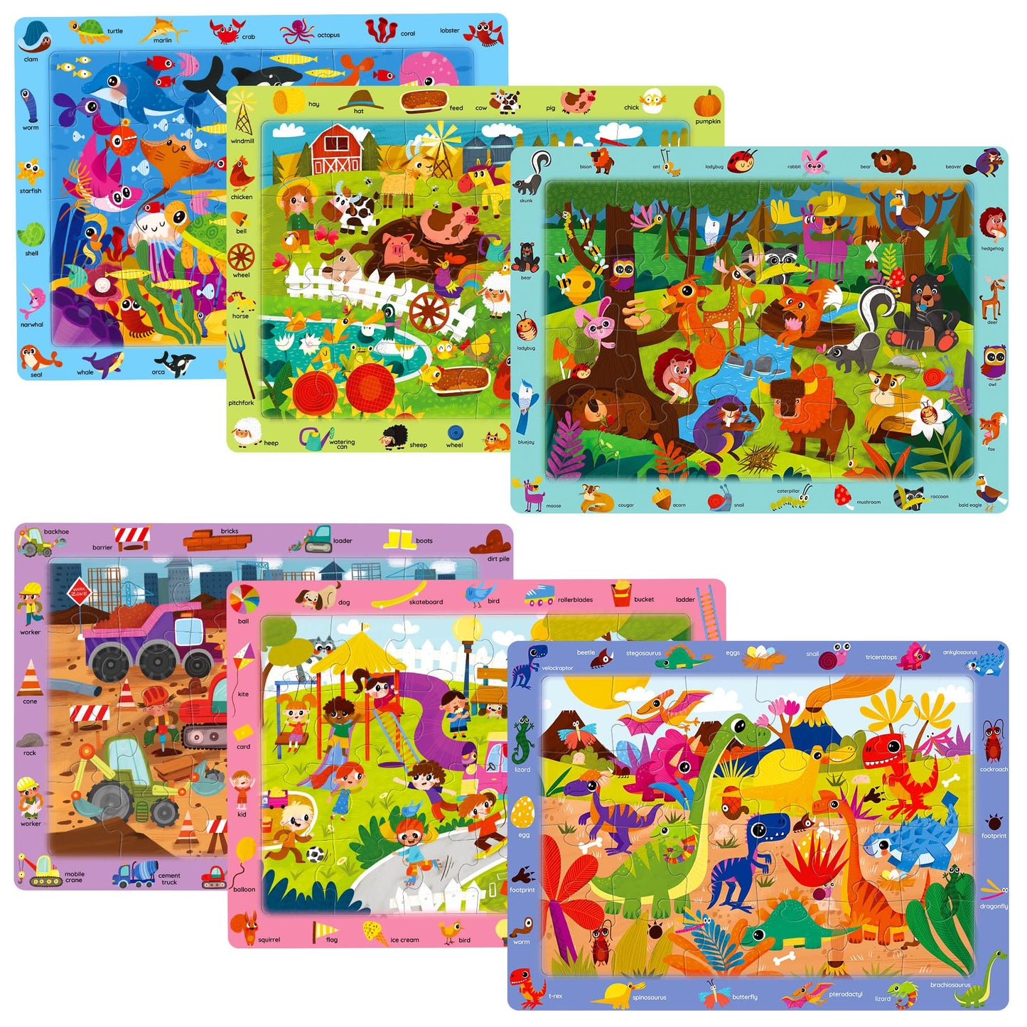 BenBen Large Wooden Puzzles for Kids Ages 4-6, 6 Pack 24 Piece Search and Find Puzzles for Toddlers 3-5, Educational Learning Toys Gifts for 3 4 5 Year Old Boys Girls