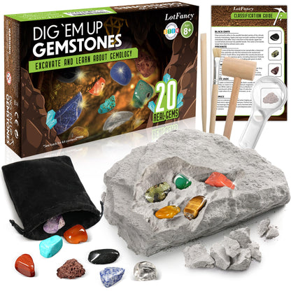 LotFancy Gemstone Dig Kit, Excavate 20 Real Gems, Science Kit for Kids Age 8-12, Educational Toy, Birthday Gift for Boys Girls with Mining Tools PMT