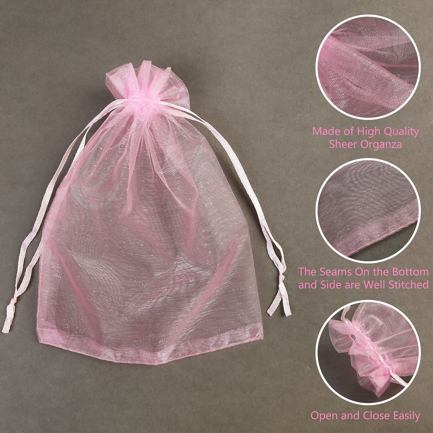 LotFancy 100Pcs Sheer Pink Organza Bags, 2.8x3.6” Small Mesh Jewelry Bags, Drawstring Gift Bags for Party Wedding Favor