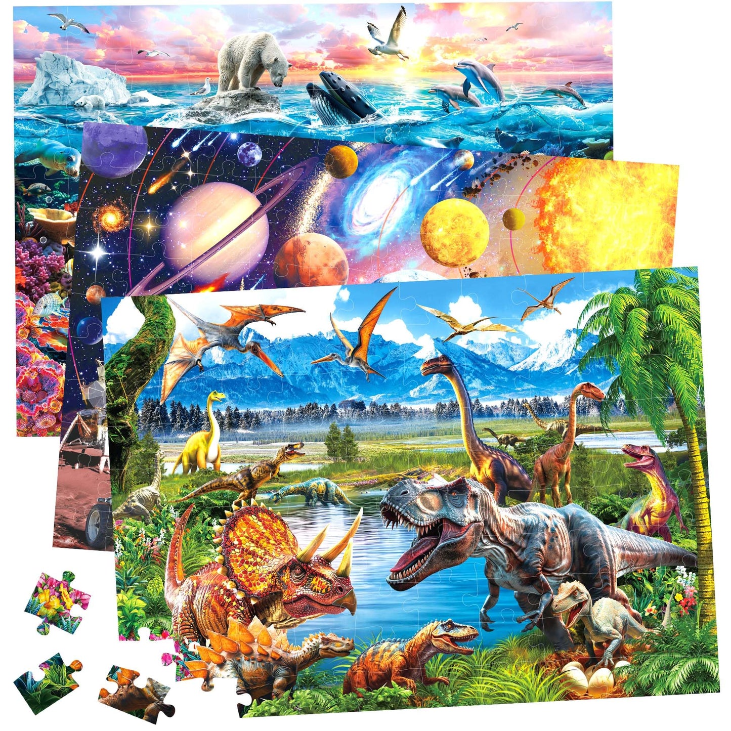 BenBen Puzzles for Kids Ages 4-6, 3 Pack 100 Pieces Large Puzzles for Toddlers 3-5 (Dinosaurs, Outer Space, Ocean Life), Learning & Educational Games for Kids 6-8, 19.75” x 13.75”
