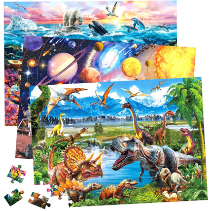 BenBen Puzzles for Kids Ages 4-6, 3 Pack 100 Pieces Large Puzzles for Toddlers 3-5 (Dinosaurs, Outer Space, Ocean Life), Learning & Educational Games for Kids 6-8, 19.75” x 13.75”