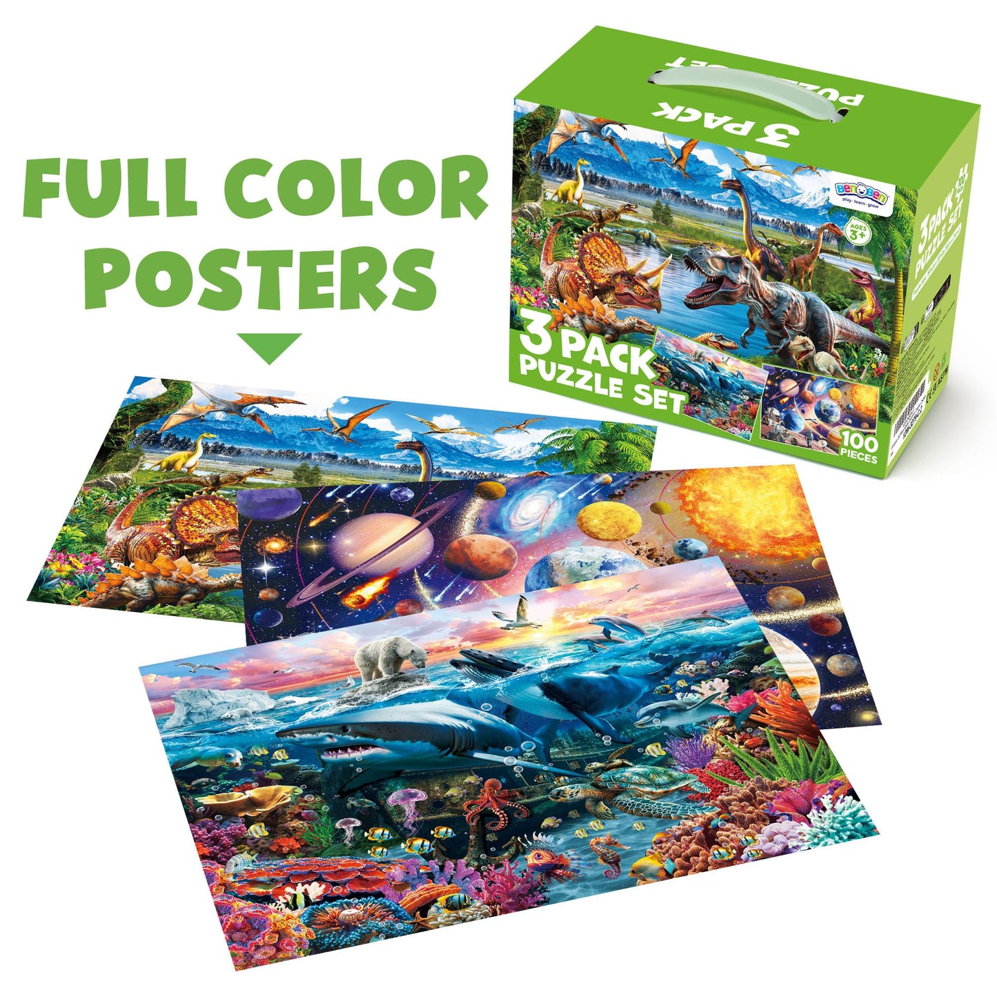 BenBen Puzzles for Kids Ages 4-6, 3 Pack 100 Pieces Large Puzzles for Toddlers 3-5 (Dinosaurs, Outer Space, Ocean Life), Learning & Educational Games for Kids 6-8, 19.75” x 13.75”