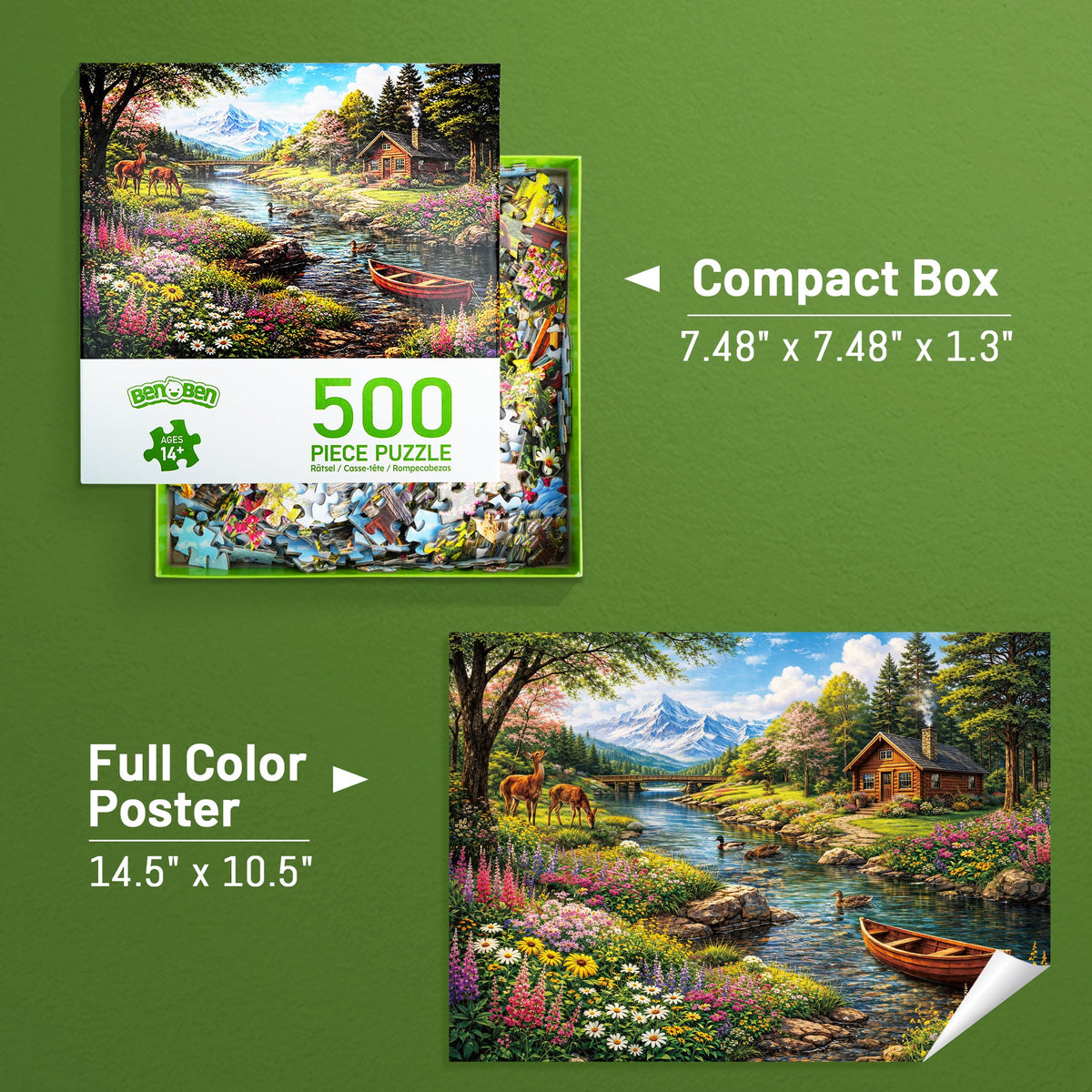 BenBen Puzzles for Adults 500 Pieces, Mountain Cabin Spring Retreat, Jigsaw Puzzle with Patterns on Back