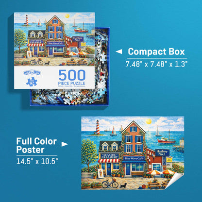 BenBen 500 Pieces Puzzles for Adults, Cozy Seaside Town, Jigsaw Puzzle with Patterns on Back