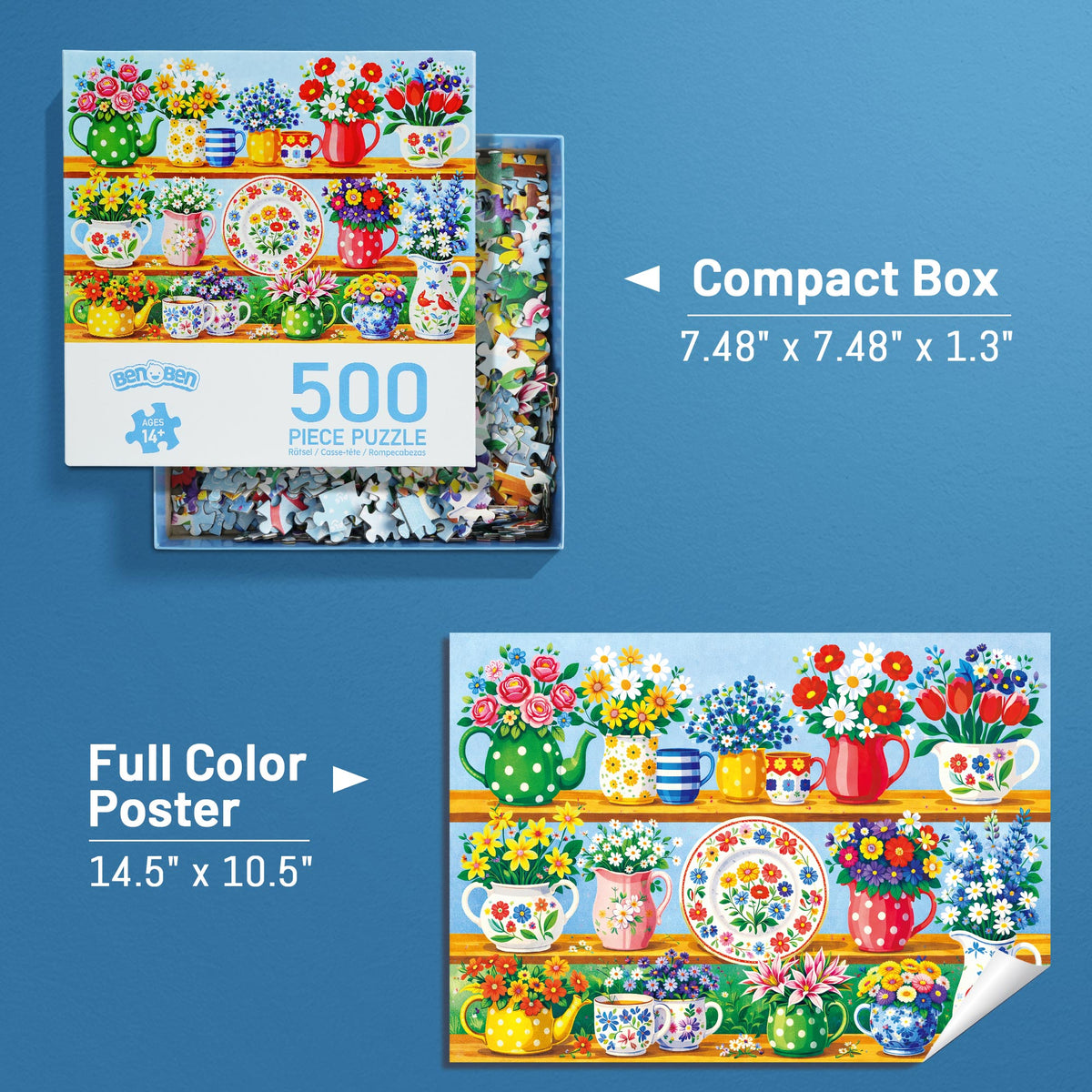 BenBen Puzzles for Adults 500 Pieces, Vibrant Floral Vases, Jigsaw Puzzle with Patterns on Back