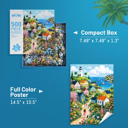 BenBen 500 Pieces Puzzles For Adults, Blossom Seaside Hamlet, Jigsaw Puzzle with Patterns on Back