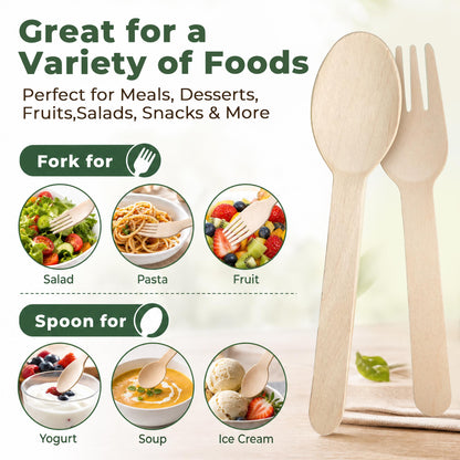 LotFancy 100 Pc Disposable Utensils, Wooden Disposable Cutlery Set,50 Forks, 50 Spoons