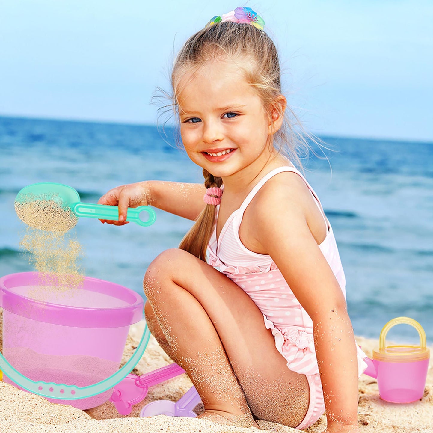 LotFancy Beach Toy Set, Sand Toy for Toddlers, Beach Bucket with Sand Sifter Cover, Shovel, Star Mold, Rake, Watering Can and Sifter Shovel Tool Kit for Kids Outdoor Toys