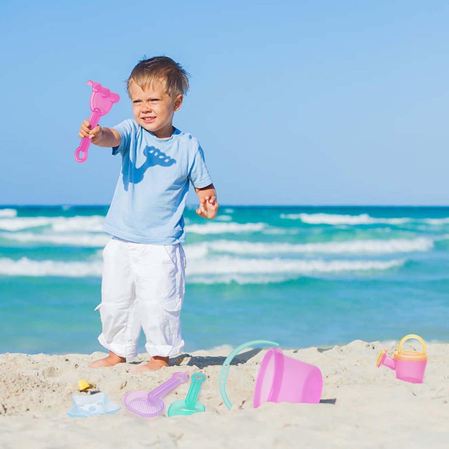 LotFancy Beach Toy Set, Sand Toy for Toddlers, Beach Bucket with Sand Sifter Cover, Shovel, Star Mold, Rake, Watering Can and Sifter Shovel Tool Kit for Kids Outdoor Toys