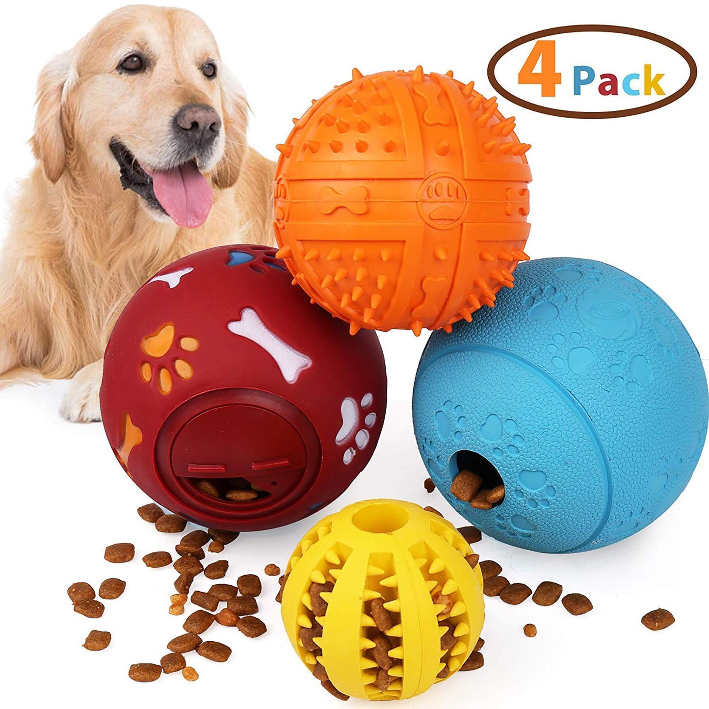 Prime Pets 4 Pack Large Dog Treat Ball, Interactive Food Dispensing Puppy Puzzle Toy, Natural Rubber