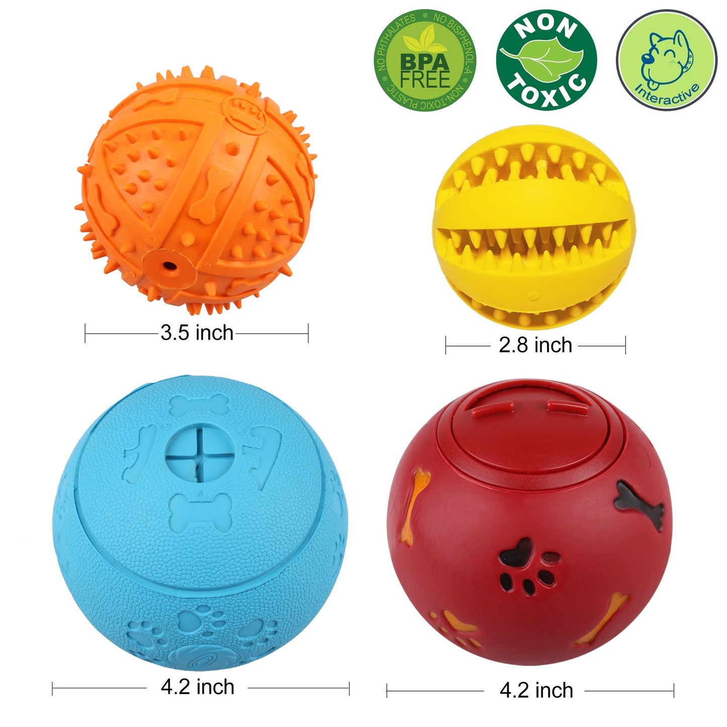 Prime Pets 4 Pack Large Dog Treat Ball, Interactive Food Dispensing Puppy Puzzle Toy, Natural Rubber