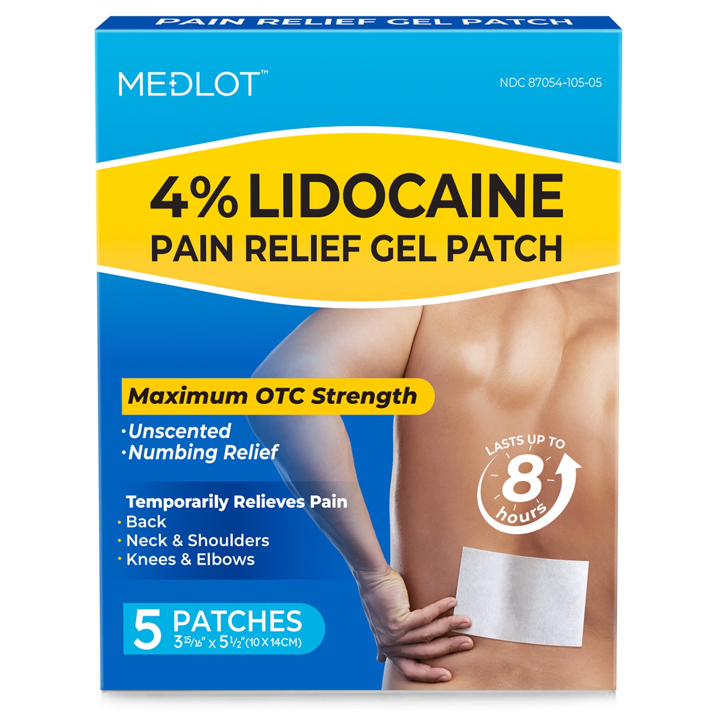 MEDLOT Lidocaine Patches 4% Maximum OTC Strength, Pain Relief Patches for Back, Knee, Sciatica & Nerve, Shoulder, Neck, Ankle, Joint & Muscle Pain, 5 Count, Unscented