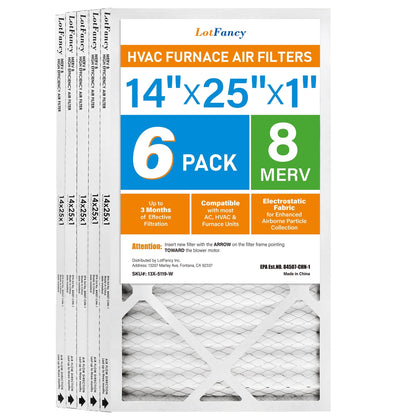LotFancy 14x25x1 Air Filters, 6 Pack, MERV 8 Pleated HVAC AC Furnace Air Filters