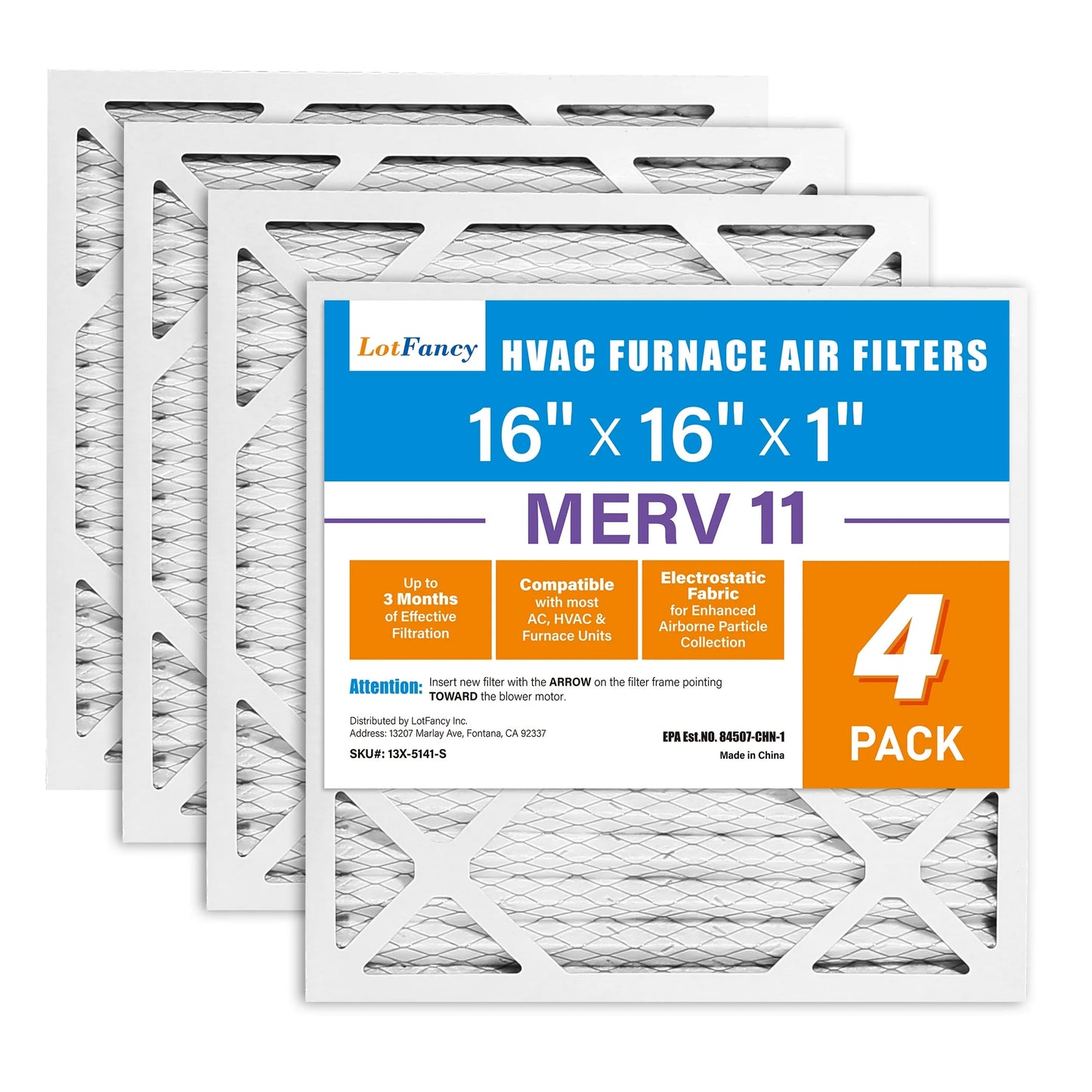 LotFancy 16x16x1 Air Filters, MERV 11 Pleated HVAC AC Furnace Air Filters, 4 Pack