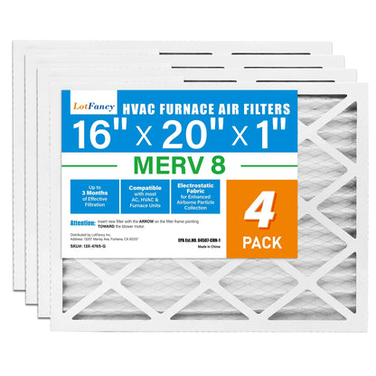 LotFancy 16x20x1 Air Filters, 4 Pack, MERV 8 Pleated HVAC AC Furnace Filters