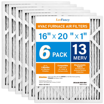 LotFancy 16x20x1 Air Filters, MERV 13 Pleated HVAC AC Furnace Air Filters, 6 Pack