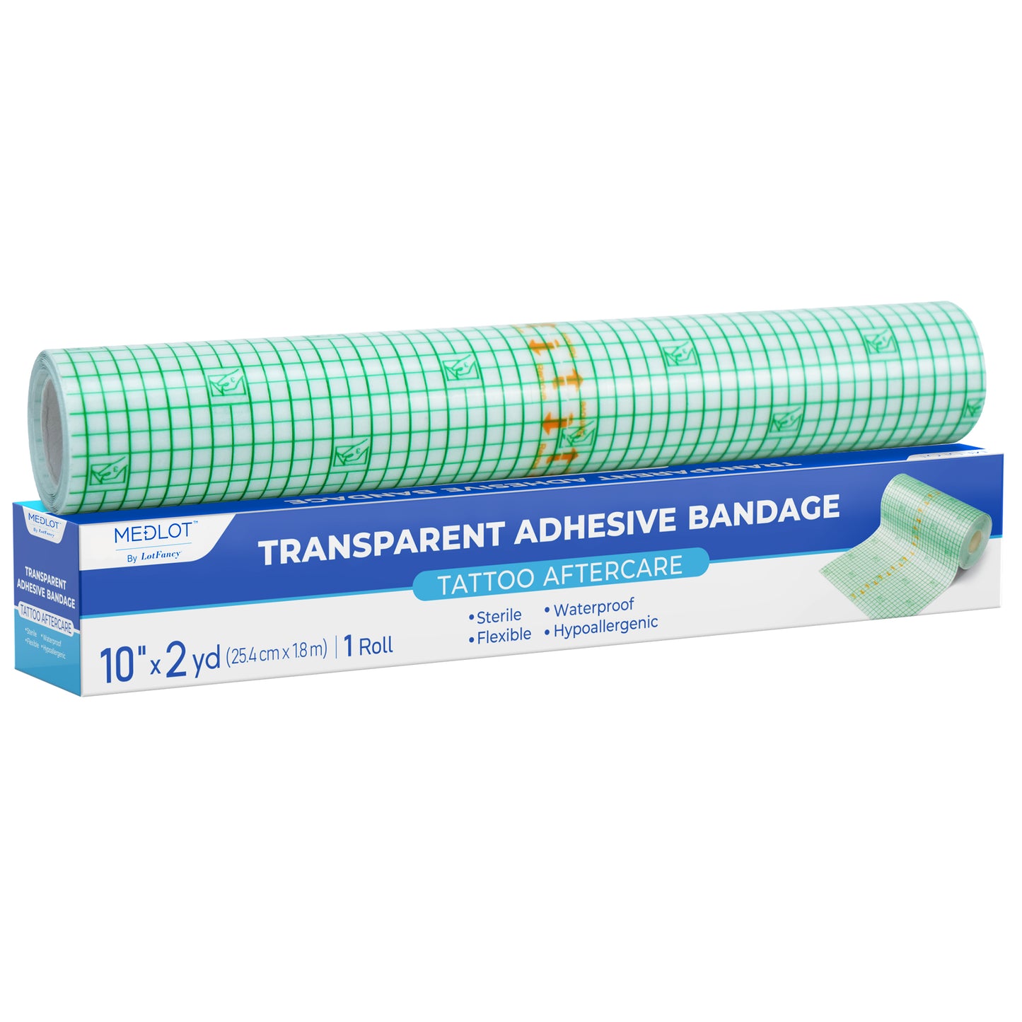LotFancy Tattoo Aftercare Bandage, 10” x 2 yd Roll, Waterproof Tattoo Wrap for Healing New Tattoos & Wound Care, Latex-free, Sterile, Clear Adhesive Cover Tape for Faster Skin Healing