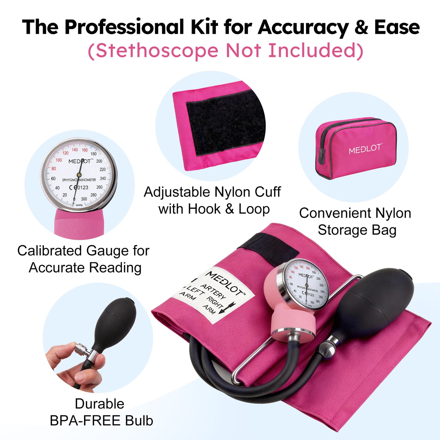 LotFancy Manual Blood Pressure Cuff, Aneroid Sphygmomanometer with D-Ring, BP Cuff 10"-16", Pink
