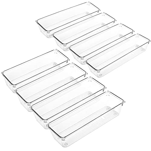 LotFancy Clear Drawer Organizers, 8 Pack, 9.2''×3''×2'' Plastic Storage Tray for Utensil, Cutlery in Kitchen, Bathroom, Cabinet Drawer, Desk, Makeup Storage Bin Divider