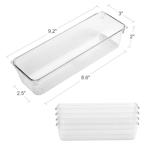 LotFancy Clear Drawer Organizers, 8 Pack, 9.2''×3''×2'' Plastic Storage Tray for Utensil, Cutlery in Kitchen, Bathroom, Cabinet Drawer, Desk, Makeup Storage Bin Divider