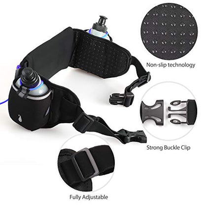 LotFancy Running Belt with Bottle Holder, Hydration Belt for Women Men, Fuel Marathon Waist Pouch for Runners, Reflective Fanny Pack for Any Phone Size