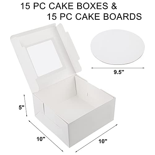 LotFancy Cake Boxes, 10 x 10 x 5 inch, 30 Pcs, 15 Disposable Paper Cake Carrier with 15 Round Board, White Bakery Boxes with Window, Treat Box Container for Pie, Donut, Cookie, Pastry