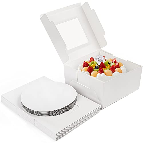 LotFancy Cake Boxes, 10 x 10 x 5 inch, 30 Pcs, 15 Disposable Paper Cake Carrier with 15 Round Board, White Bakery Boxes with Window, Treat Box Container for Pie, Donut, Cookie, Pastry