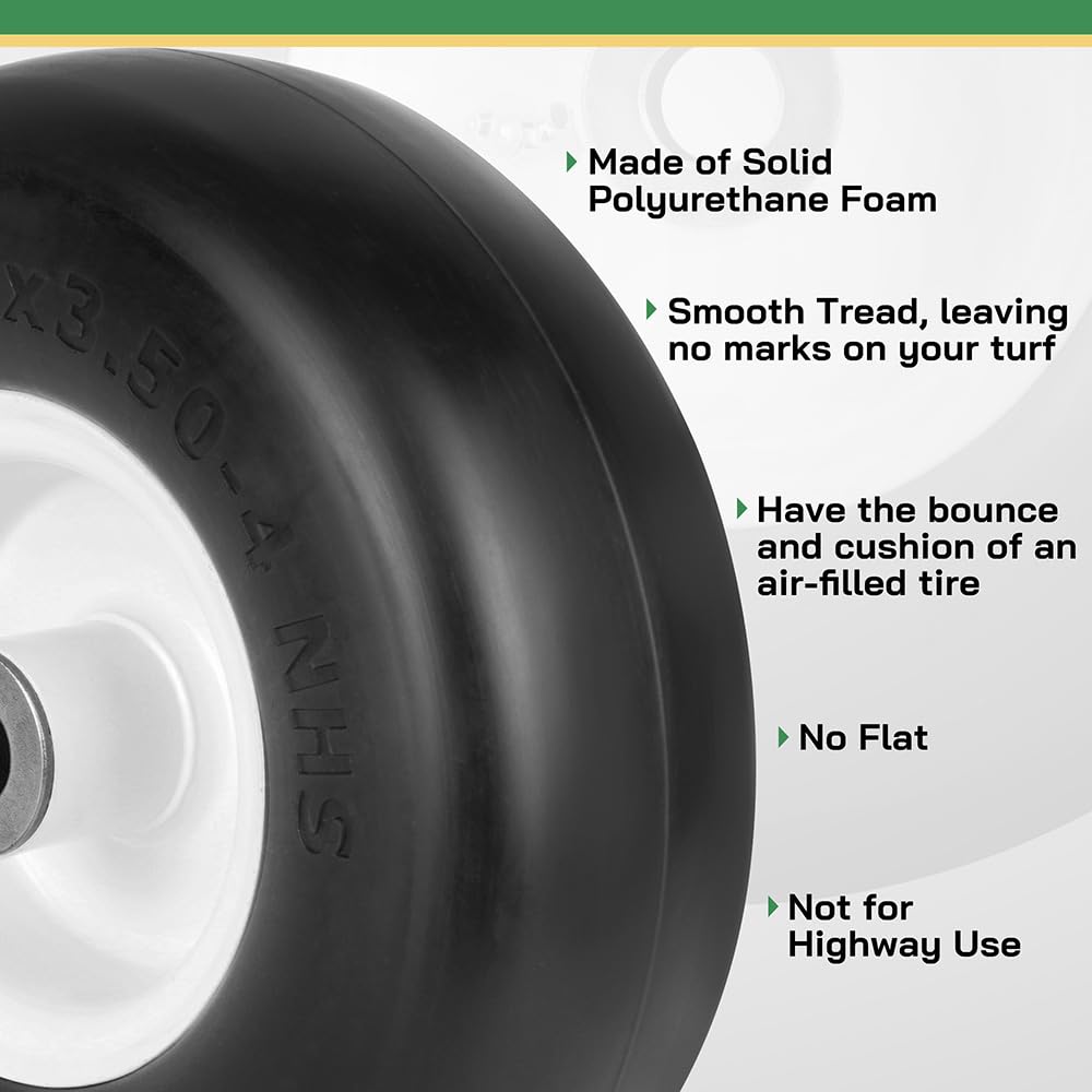 LotFancy 9x3.50-4” Flat Free Tire and Wheel, 2 PCS Lawn Mower Tire, 3/4" or 5/8" Bushings, 3.5"-4"-4.5"-5" Centered Hub, Smooth Tread Tire for Zero Turn Mowers